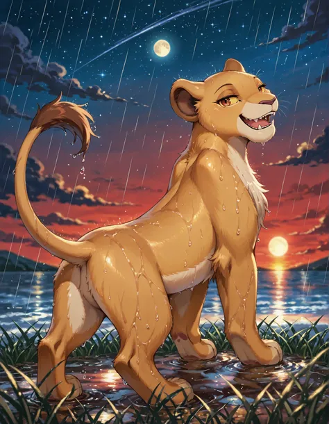 kiara, lioness, female lion, reddish brown eyes,, solo, smile, no humans, upper body, closed mouth, furry, yellow sclera, star (sky), open mouth, sky, starry sky, night, night sky, colored sclera, outdoors, reddish-brown eyes, looking up, fangs, closed eye...