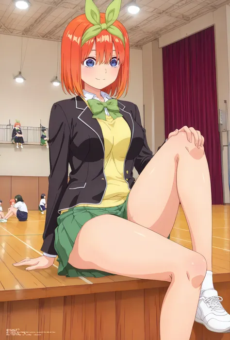 1girl, y0tsuba, large breasts, orange hair, blue eyes, short hair, hair between eyes green bow hairband, black blazer, open blazer, yellow sweater vest, white collared shirt, bowtie, plaid bowtie, green skirt, pleated skirt,y0tsuba, orange hair, blue eyes,...