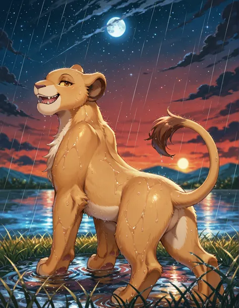 kiara, lioness, female lion, reddish brown eyes,, solo, smile, no humans, upper body, closed mouth, furry, yellow sclera, star (sky), open mouth, sky, starry sky, night, night sky, colored sclera, outdoors, reddish-brown eyes, looking up, fangs, closed eye...