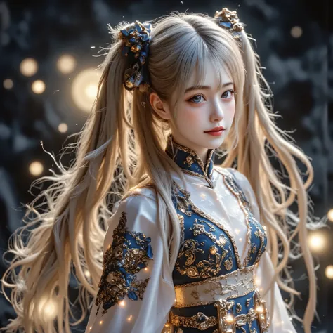 Ultra-realistisch, fotorealistisch.
Sailor Moon (Usagi Tsukino) — in the middle of the transformation scene.
Langes, golden blonde hair in two iconic odango braids, fluent, with realistic light reflections.
Gesicht: jugendlich, soft and beautiful , but wit...