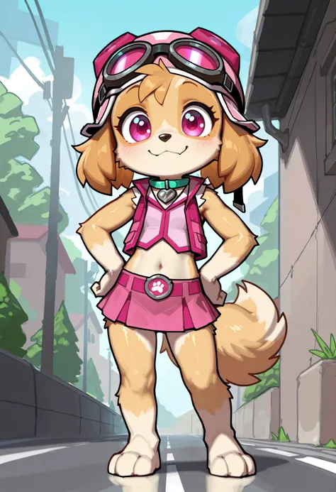 score_9,score_8_up,score_7_up, source_cartoon, source_furry, solo, 1girl, Skye, dog, young, furry female, anthro, body fur, small breasts, fluffy loop dog ears, ((goggles, pink pilot hat, Skye collar, pink vest, sleeveless, midriff, pink mini skirt, barefo...