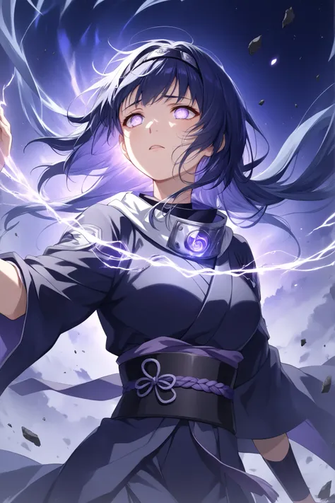 ((masterpiece)), ((RAW 8K)), ((anime-realism fusion)), ((ultra-detailed skin and hair)), ((studio cinematic lighting)), dramatic close-up or waist-up

Hinata Hyuga as Voidwalker, visibly exhausted after sealing an interdimensional rift.

Her expression is ...