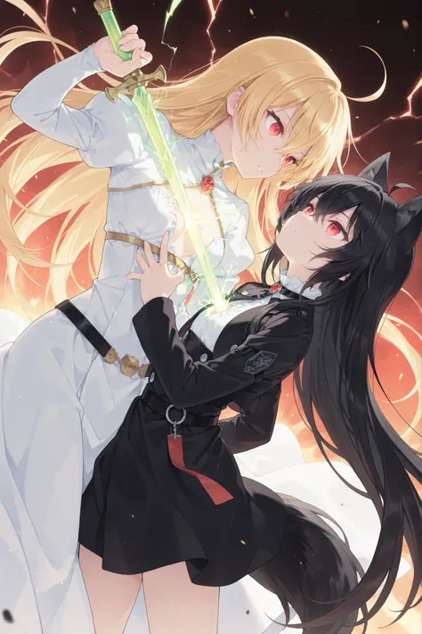 score_9, score_8_up ,souce_anime, flat color , ( extremely detailed eyes and face , perfect face ) , masterpiece, highest quality ,
perfect body,facing up, (holding another's green sword ,human scabbard , glowing rapier, ready to draw,)  dynamic pose, thun...