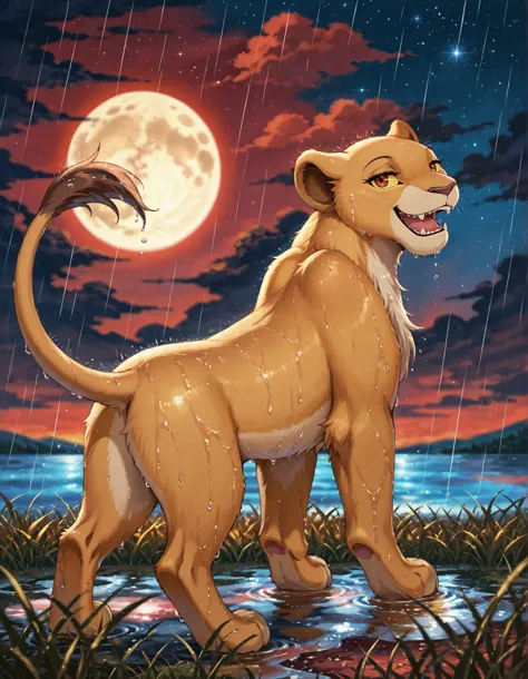 solo. kiara, lioness, female lion, reddish brown eyes,, solo, smile, no humans, upper body, furry, yellow sclera, star (sky), open mouth, sky, starry sky, night, night sky, colored sclera, outdoors, reddish-brown eyes, looking up, fangs, grass, animal focu...