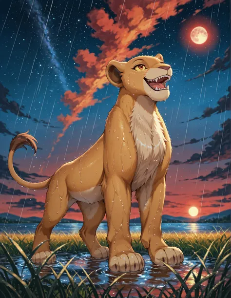 solo, kiara, lioness, female lion, reddish brown eyes,, solo, smile, no humans, upper body, furry, yellow sclera, star (sky), open mouth, sky, starry sky, night, night sky, colored sclera, outdoors, reddish-brown eyes, looking up, fangs, grass, animal focu...
