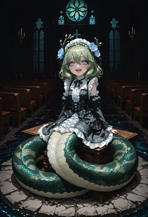 Lamia style girl. Green hair. Medium hair. Big eyes. Aurora eyes. Laughing. Blue flower on head. Gothic ta dress. Black costume. White frills. Burgundy snake body. Sitting in church. Ruins. Ocean floor. Under the sea. Dark background.