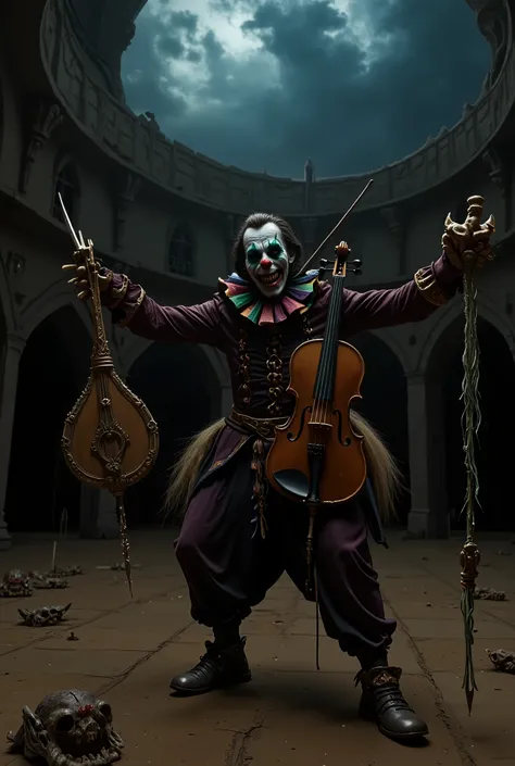 killer clown with violin and playing in a medieval arena.