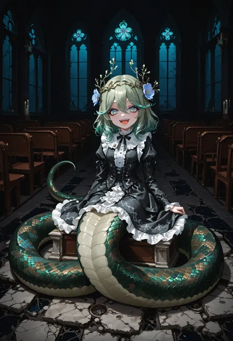 Lamia style girl. Green hair. Medium hair. Big eyes. Aurora eyes. Laughing. Blue flower on head. Gothic ta dress. Black costume. White frills. Burgundy snake body. Sitting in church. Ruins. Ocean floor. Under the sea. Dark background.