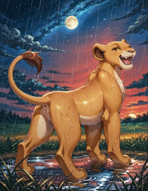 solo, kiara, lioness, female lion, reddish brown eyes,, solo, smile, no humans, upper body, furry, yellow sclera, star (sky), open mouth, sky, starry sky, night, night sky, colored sclera, outdoors, reddish-brown eyes, looking up, fangs, grass, animal focu...