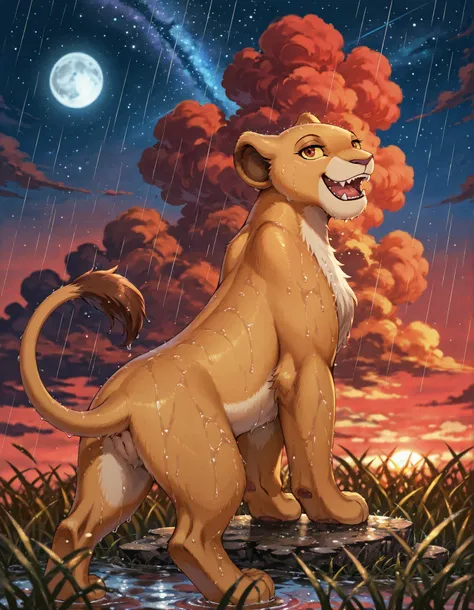 solo, kiara, lioness, female lion, reddish brown eyes,, solo, smile, no humans, upper body, furry, yellow sclera, star (sky), open mouth, sky, starry sky, night, night sky, colored sclera, outdoors, reddish-brown eyes, looking up, fangs, grass, animal focu...