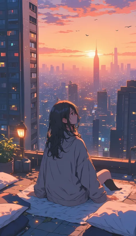 Cozy anime-style scene of a young woman sitting on the rooftop of a tall building at sunset, seen from behind. She wears an oversized sweater and sits with relaxed posture, legs stretched or crossed. Her hands rest naturally on each side of her body, clear...