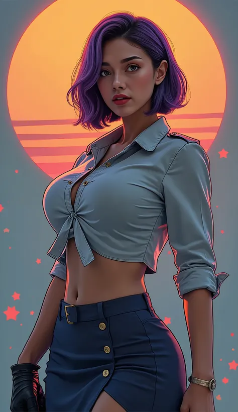 score_9, score_8_up, score_7_up, Expressiveh, 1girl, vc4chiara, purple hair, short hair, dark-skinned female, black eyes, crop_shirt, handkerchief_skirt, photoreal gouache painting, cinematic radiant deep orange and waxy muted aquamarine color scheme, sere...