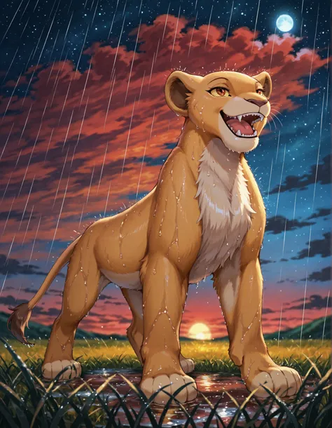solo, kiara, lioness, female lion, reddish brown eyes,, solo, smile, no humans, upper body, furry, yellow sclera, star (sky), open mouth, sky, starry sky, night, night sky, colored sclera, outdoors, reddish-brown eyes, looking up, fangs, grass, animal focu...