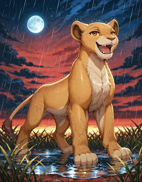 solo, kiara, lioness, female lion, reddish brown eyes,, solo, smile, no humans, upper body, furry, yellow sclera, star (sky), open mouth, sky, starry sky, night, night sky, colored sclera, outdoors, reddish-brown eyes, looking up, fangs, grass, animal focu...