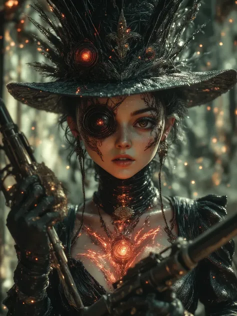 A sexy and charming girl in a wide black hat stands near a windscreen,  Eye patch,Sniper Girl, old rifle, a 17th-century soldier's clothes are vulgar and a vulgar second person, Psychosis, psychiatric abandoned hospital,  double personality , headgear two ...