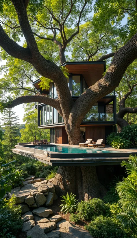 treehouse、A modern mansion built on a huge tree、There is a large pool,