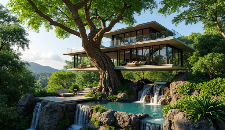treehouse、Modern mansion standing on a huge tree、There's a gorgeous pool、a waterfall cascading down from natural bedrock、