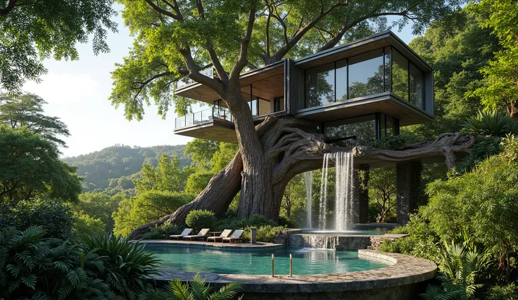 treehouse、Modern mansion standing on a huge tree、There's a gorgeous pool、a waterfall cascading down from natural bedrock、