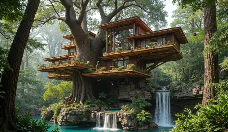 (巨木のレッドウッドの上にある巨大treehouse:2.0),(巨大で巨木treehouseと3階立て豪邸ビルの融合:2.0),(巨木のレッドウッドの上にある巨大treehouse:2.0),(treehouse:1.5),(Modern 3-storey mansion standing on a giant tree:1.5)、There is a luxurious pool、(A waterfall cascades down from natural bedrock:1.5),(巨木のレッドウッ...