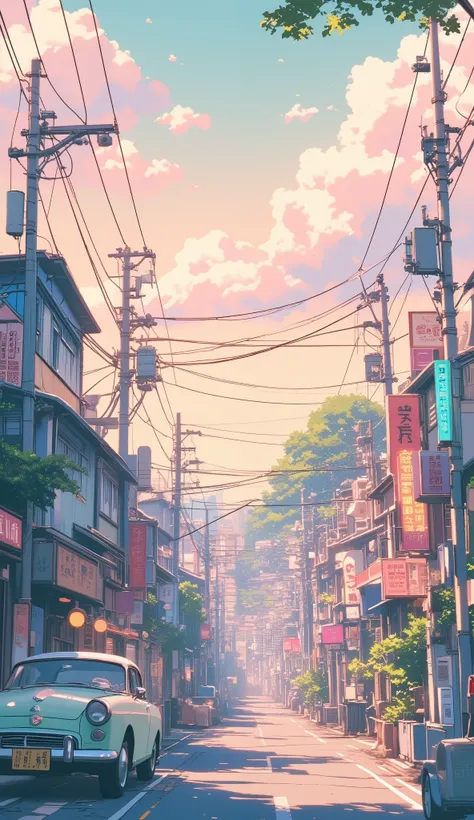 A retro pastel anime-style city scene, inspired by 80s and 90s Japanese animation. Soft pastel colors like pink, mint green, baby blue, and warm beige fill the buildings and sky. Old-school architecture with narrow streets, telephone poles, and vintage car...