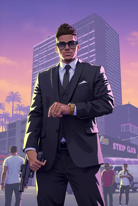 GTA 6 style: a lightskinned 18 year old boy with a mini-afro standing in a black suit by a building in Miami. He has a gun in his hand, sun glasses, looking at his watch. Sun is going down. The boy a smirk in his face, stripclub is located beside the Miami...