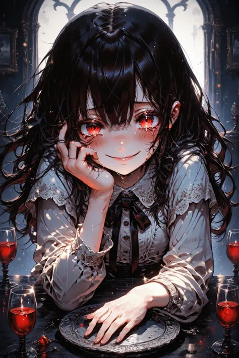 girl with unnaturally turned head at the table wide smile dark hair tears flowing she regrets what happened sad atmosphere hands lowered under the table,