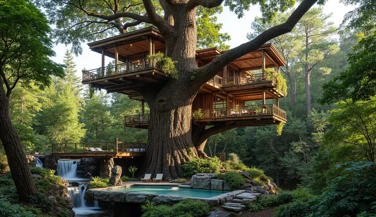 (巨木のレッドウッドの上にある巨大treehouse:2.0),(巨大で巨木treehouseと3階立て豪邸ビルの融合:2.0),(巨木のレッドウッドの上にある巨大treehouse:2.0),(treehouse:1.5),(Modern 3-storey mansion standing on a giant tree:1.5)、There is a luxurious pool、(A waterfall cascades down from natural bedrock:1.5),(巨木のレッドウッ...
