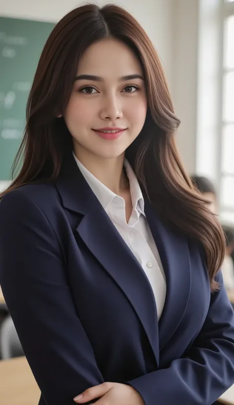 (with her face positioned accurately in the center of the image: 1.5), (Upper chest: 1.5), (illustration of a woman with a penis: 1.5), ( I can clearly see my face : 1.2)、 (  blazer uniform : 1.5), (classroom : 1.5), long hair、bangs, smile, young and cute ...