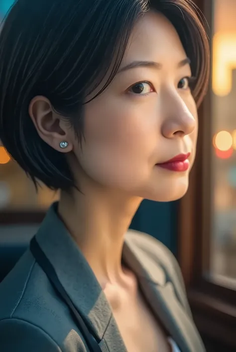 "images that express the concept of dual identity that create surreal and expressive works. half of a person's face is illuminated、reveals hidden identities,  creates a calm and realistic atmosphere , — Elegant, controlada, with the city at dusk. } The oth...