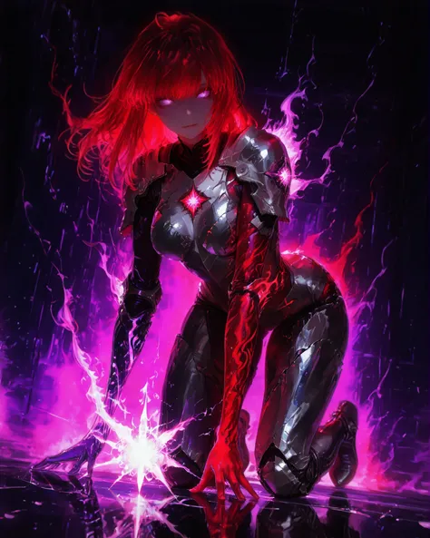 Masterpiece, natural lighting, night, perfect shadows, ray tracing, detailed image, perfect human anatomy, a beautiful woman, (nice curves), with long red hair with pink tips and bright purple eyes, (eyes rich in detail), (eyes detailed), expression of ter...