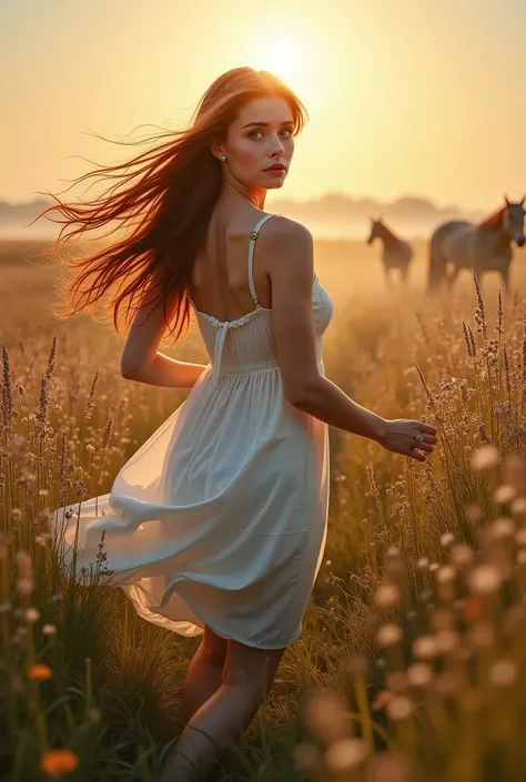 1girl, voluptuous curvy body,long red-hair, white plain summer dress, baby blue eyes, breaking through long grass, barefoot, away from the viewer, looking through her shoulder, she is scared, golden hour, full body shot from the distance, A young woman run...