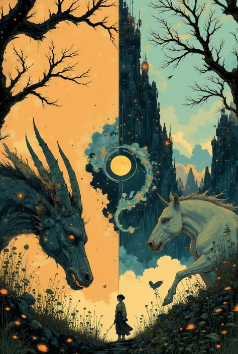 An incredibly detailed, carefully drawn and hand—painted epic image embodying the idea of a dual identity through mythical creatures - a dragon and a unicorn fused into one body.Composition: A creature with two heads — on the left is a ferocious dragon wit...