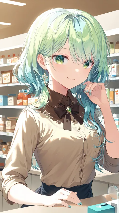 beautiful young Korean high school girl. She has green eyes, light blue wavy hair made into cute and elegant hairstyle. She is wearing brown decorated shirt. She has small chest and hourglass figure, her posture is relaxed and she has cute smile. She is st...