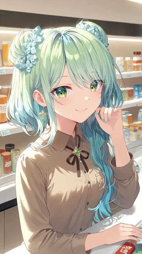 beautiful young Korean high school girl. She has green eyes, light blue wavy hair made into cute and elegant hairstyle. She is wearing brown decorated shirt. She has small chest and hourglass figure, her posture is relaxed and she has cute smile. She is st...