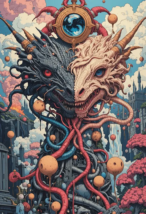 An incredibly detailed, carefully drawn and hand—painted epic image embodying the idea of a dual identity through mythical creatures - a dragon and a unicorn fused into one body.Composition: A creature with two heads — on the left is a ferocious dragon wit...