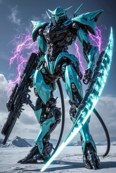 Turquoise mirrored body with a total height of 120 meters, Hologram Colorのライン. Black Top, cyan left arm, Purple and blue arc discharge at each joint, Black head and black legs. Antarctica. Hyper futuristic gothic psycho system mecha, powerful and elegant b...