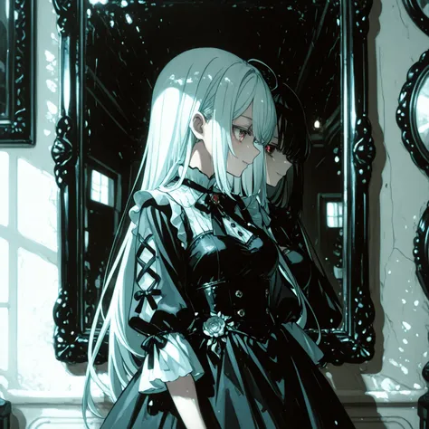 A girl dressed in white is standing、The girl in white has a clean vibe、There is a mirror in front of the girl dressed in white、The mirror shows a girl dressed in black、The girl in black is smiling suspiciously、The girl in the black dress has her eyes shini...
