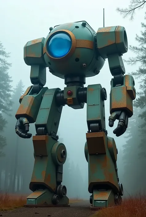 military robot like a tank、head in the center of the body、dark turquoise body and rust、50m、standing in the fog of the forest、You can see a large blue reactor in the center of the main body、heavy and intimidating robot、(Wacky and kinky design:1.2)、Extremely...