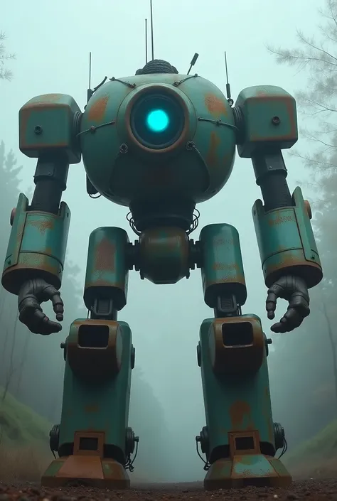 military robot like a tank、head in the center of the body、dark turquoise body and rust、50m、standing in the fog of the forest、You can see a large blue reactor in the center of the main body、heavy and intimidating robot、(Wacky and kinky design:1.2)、Extremely...