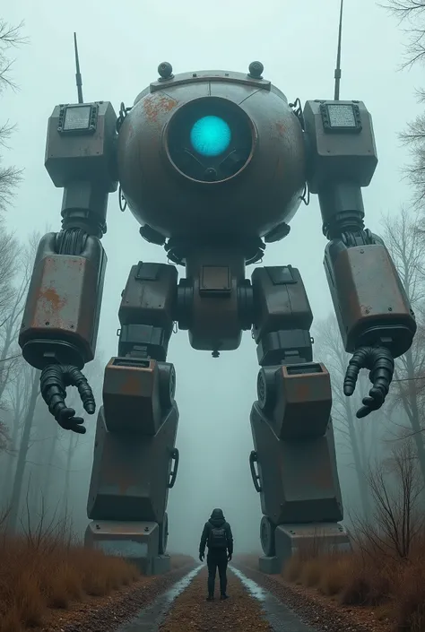 military robot like a tank、head in the center of the body、(An intimidating feeling like a chariot:1.2),The dark, dark metallic body is rusted、50m、standing in the fog of the forest、creepy atmosphere,(You can see a large blue reactor in the center of the mai...