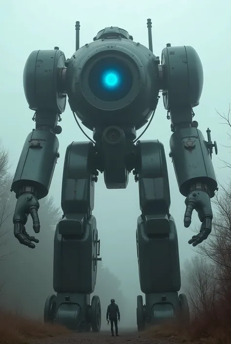 military robot like a tank、head in the center of the body、(An intimidating feeling like a chariot:1.2),The dark, dark metallic body is rusted、50m、standing in the fog of the forest、creepy atmosphere,(You can see a large blue reactor in the center of the mai...