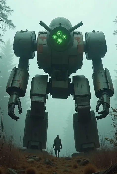 military robot like a tank、head in the center of the body、(An intimidating feeling like a chariot:1.2),The dark, dark metallic body is rusted、50m、standing in the fog of the forest、creepy atmosphere,(You can see 6 large reactors glowing green in the center ...