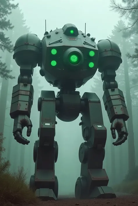 military robot like a tank、head in the center of the body、(An intimidating feeling like a chariot:1.2),The dark, dark metallic body is rusted、50m、standing in the fog of the forest、creepy atmosphere,(You can see 6 large reactors glowing green in the center ...