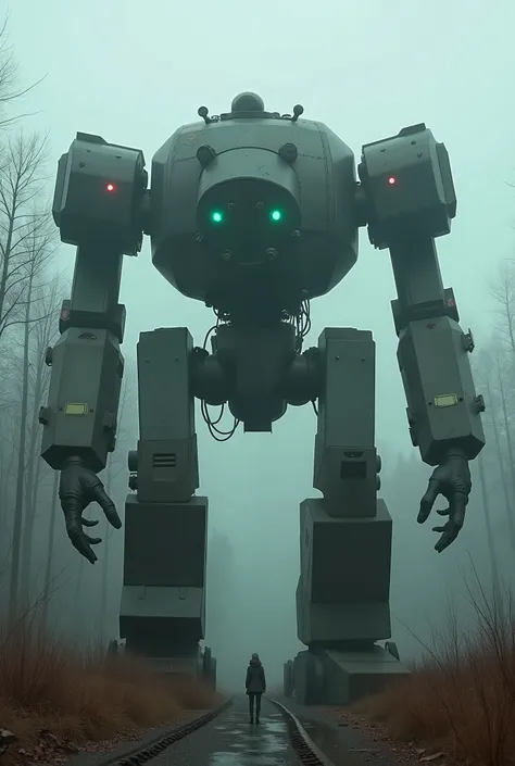 military robot like a tank、head in the center of the body、(An intimidating feeling like a chariot:1.5),(The dark, dark metallic body is rusted:1.5)、(Height50mRobot 1.tanding in the fog of the forest、creepy atmosphere,(You can see 6 large reactors glowing g...
