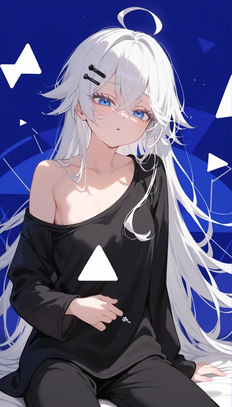 girl,In blue eyes,,, small breasts,Milf,,long hair,Black Hairpin,long hair,Black pajamas,Long pants,slim,sleepy, oversized,white hair,, Tomboy ,TRIANGLE COLOR BACKGROUND,Long Eyelashes,, small breasts, Ahoge ,Open your mouth