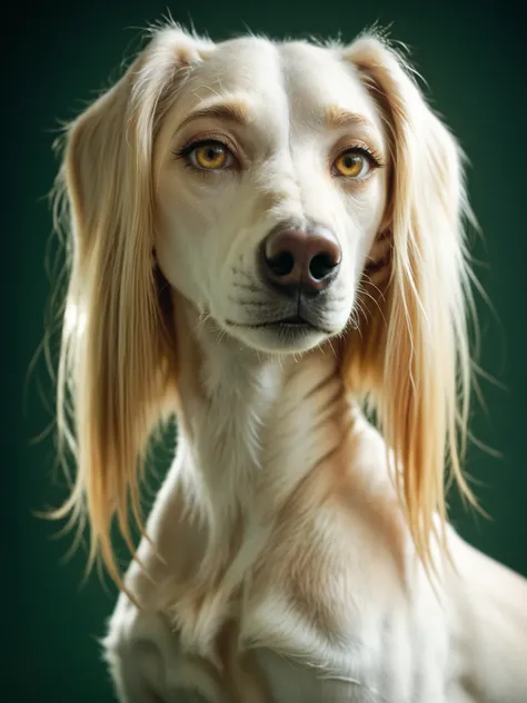 a beautiful ((saluki:1.8 dog:1.1)) with golden eyes, rim light, (white fur), dark green background, (masterpiece)