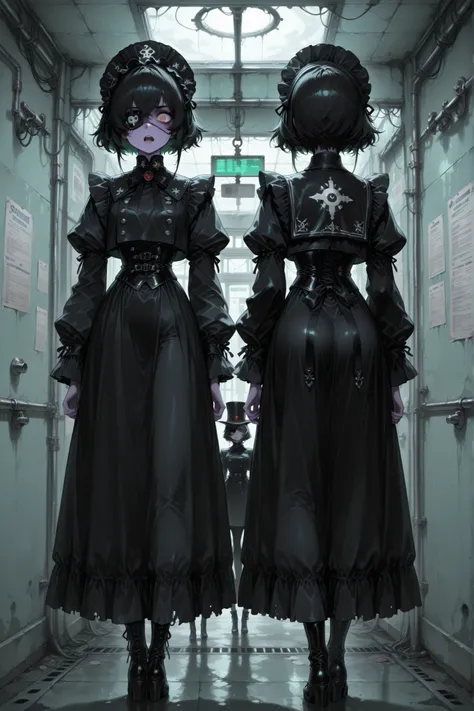 A sexy and charming girl in a wide black hat stands near a windscreen,  Eye patch,Sniper Girl, 17th century clothing vulgar and vulgar second person, Psychosis, psychiatric abandoned hospital,  double personality , two-person headdress good and evil, body ...