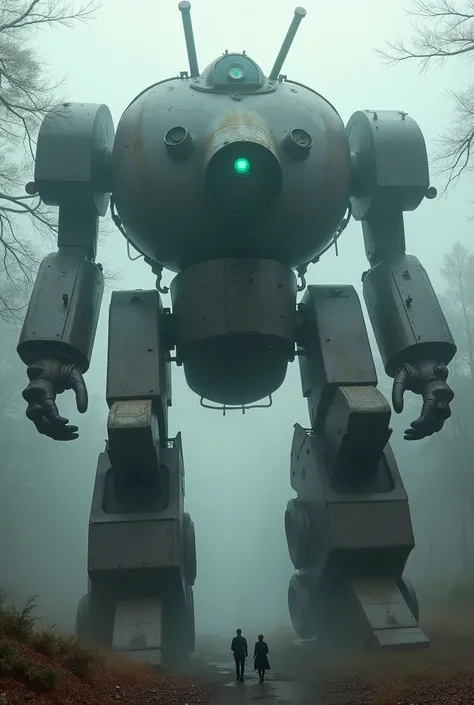 military robot like a tank、(1.5)、(An intimidating feeling like a chariot:1.5),(The dark, dark metallic body is rusted:1.5)、(Height50mRobot 1.tanding in the fog of the forest、creepy atmosphere,(You can see 6 large reactors glowing green in the center of the...