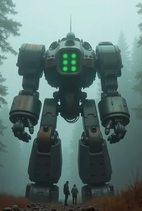 military robot like a tank、(1.5)、(An intimidating feeling like a chariot:1.5),(The dark, dark metallic body is rusted:1.5)、(Height50mRobot 1.tanding in the fog of the forest、creepy atmosphere,(You can see 6 large reactors glowing green in the center of the...