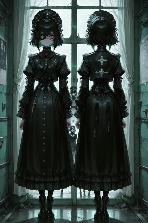A sexy and charming girl in a broad black hat stands near a windbreak window,  Eye patch,Sniper Girl, 17th century clothing mixed with 21st century clothing, vulgar and vulgar second person, Psychosis, psychiatric abandoned hospital,  double personality , ...